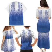 Philippines Barong Style Family Matching Puletasi and Hawaiian Shirt with Polynesian Art and Leaf Motif Blue Color LT03 - Polynesian Pride