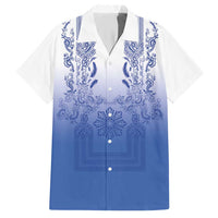 Philippines Barong Style Hawaiian Shirt with Polynesian Art and Leaf Motif Blue Color