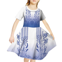 Philippines Barong Style Kid Short Sleeve Dress with Polynesian Art and Leaf Motif Blue Color