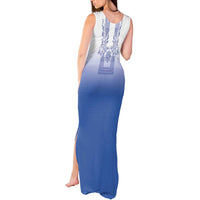 Philippines Barong Style Tank Maxi Dress with Polynesian Art and Leaf Motif Blue Color
