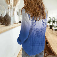 Philippines Barong Style Women Casual Shirt with Polynesian Art and Leaf Motif Blue Color