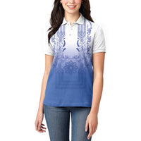Philippines Barong Style Women Polo Shirt with Polynesian Art and Leaf Motif Blue Color
