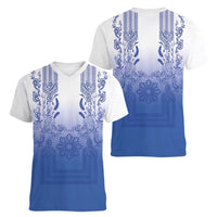 Philippines Barong Style Women V-Neck T-Shirt with Polynesian Art and Leaf Motif Blue Color