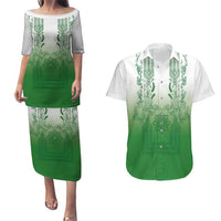 Philippines Barong Style Couples Matching Puletasi and Hawaiian Shirt with Polynesian Art and Leaf Motif Green Color
