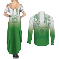 Philippines Barong Style Couples Matching Summer Maxi Dress and Long Sleeve Button Shirt with Polynesian Art and Leaf Motif Green Color