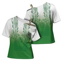 Philippines Barong Style Cross Shoulder Shirt with Polynesian Art and Leaf Motif Green Color LT03 - Polynesian Pride