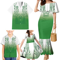 Philippines Barong Style Family Matching Mermaid Dress and Hawaiian Shirt with Polynesian Art and Leaf Motif Green Color LT03 - Polynesian Pride