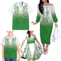 Philippines Barong Style Family Matching Off The Shoulder Long Sleeve Dress and Hawaiian Shirt with Polynesian Art and Leaf Motif Green Color LT03 - Polynesian Pride