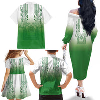 Philippines Barong Style Family Matching Off The Shoulder Long Sleeve Dress and Hawaiian Shirt with Polynesian Art and Leaf Motif Green Color LT03 - Polynesian Pride