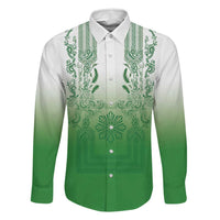 Philippines Barong Style Family Matching Off The Shoulder Long Sleeve Dress and Hawaiian Shirt with Polynesian Art and Leaf Motif Green Color LT03 Dad's Shirt - Long Sleeve Green - Polynesian Pride