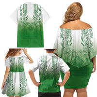Philippines Barong Style Family Matching Off Shoulder Short Dress and Hawaiian Shirt with Polynesian Art and Leaf Motif Green Color LT03 - Polynesian Pride