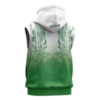 Philippines Barong Style Sleeveless Zip Hoodie with Polynesian Art and Leaf Motif Green Color