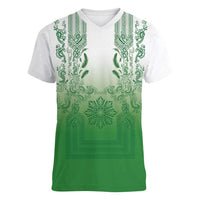 Philippines Barong Style Women V-Neck T-Shirt with Polynesian Art and Leaf Motif Green Color