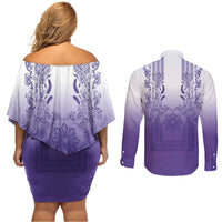 Philippines Barong Style Couples Matching Off Shoulder Short Dress and Long Sleeve Button Shirt with Polynesian Art and Leaf Motif Purple Color LT03 - Polynesian Pride