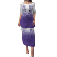Philippines Barong Style Family Matching Puletasi and Hawaiian Shirt with Polynesian Art and Leaf Motif Purple Color LT03 Mom's Dress Purple - Polynesian Pride