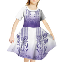 Philippines Barong Style Kid Short Sleeve Dress with Polynesian Art and Leaf Motif Purple Color