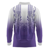 Philippines Barong Style Long Sleeve Polo Shirt with Polynesian Art and Leaf Motif Purple Color