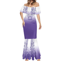 Philippines Barong Style Mermaid Dress with Polynesian Art and Leaf Motif Purple Color