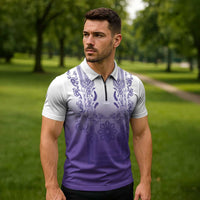 Philippines Barong Style Zipper Polo Shirt with Polynesian Art and Leaf Motif Purple Color