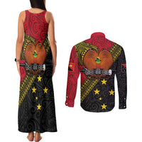 Papua new Guinea Goroka Show Couples Matching Tank Maxi Dress and Long Sleeve Button Shirt Bird-of-paradise and Melanesian Tattoo Pattern