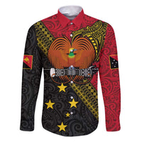 Papua New Guinea Goroka Show Family Matching Puletasi and Hawaiian Shirt Bird-of-paradise and Melanesian Tattoo Pattern LT03 Dad's Shirt - Long Sleeve Red - Polynesian Pride