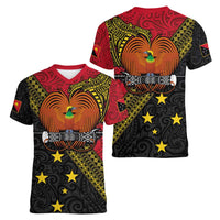 Papua New Guinea Goroka Show Women V-Neck T-Shirt Bird-of-paradise and Melanesian Tattoo Pattern LT03 - Polynesian Pride