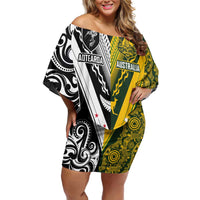 Aotearoa Australia Rugby Custom Off Shoulder Short Dress Maori and Aboriginal Art Sporty Style LT03 Women Green - Polynesian Pride