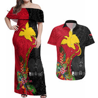 Papua New Guinea Couples Matching Off Shoulder Maxi Dress and Hawaiian Shirt Birds Of Paradise Mix Tropical Flower Polynesian Pattern LT03 Red - Polynesian Pride