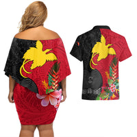 Papua New Guinea Couples Matching Off Shoulder Short Dress and Hawaiian Shirt Birds Of Paradise Mix Tropical Flower Polynesian Pattern LT03 - Polynesian Pride