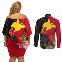 Papua New Guinea Couples Matching Off Shoulder Short Dress and Long Sleeve Button Shirts Birds Of Paradise Mix Tropical Flower Polynesian Pattern LT03 - Polynesian Pride