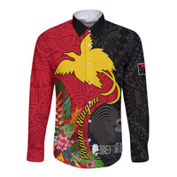 Papua New Guinea Long Sleeve Button Shirt Birds Of Paradise Mix Tropical Flower Polynesian Pattern LT03 Unisex Red - Polynesian Pride