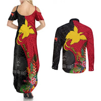 Custom Papua New Guinea Couples Matching Summer Maxi Dress and Long Sleeve Button Shirts Birds Of Paradise Mix Tropical Flower Polynesian Pattern LT03 - Polynesian Pride
