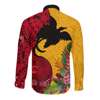 Papua New Guinea Long Sleeve Button Shirt Birds Of Paradise Mix Tropical Flower Polynesian Pattern LT03 - Polynesian Pride