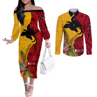 Custom Papua New Guinea Couples Matching Off The Shoulder Long Sleeve Dress and Long Sleeve Button Shirts Birds Of Paradise Mix Tropical Flower Polynesian Pattern LT03 Yellow - Polynesian Pride