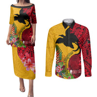 Custom Papua New Guinea Couples Matching Puletasi Dress and Long Sleeve Button Shirts Birds Of Paradise Mix Tropical Flower Polynesian Pattern LT03 Yellow - Polynesian Pride
