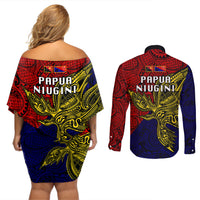 Papua New Guinea Central Province Couples Matching Off Shoulder Short Dress and Long Sleeve Button Shirts PNG Birds Of Paradise Polynesian Arty Style LT03 - Polynesian Pride