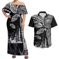 Hawaiian Reef Triggerfish Couples Matching Off Shoulder Maxi Dress and Hawaiian Shirt Polynesian Art with Tribal Humuhumunukunukuapua'a LT03 Black - Polynesian Pride