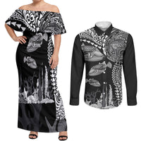 Hawaiian Reef Triggerfish Couples Matching Off Shoulder Maxi Dress and Long Sleeve Button Shirt Polynesian Art with Tribal Humuhumunukunukuapua'a LT03 Black - Polynesian Pride