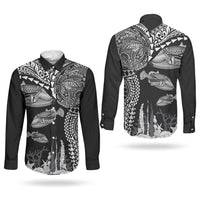 Hawaiian Reef Triggerfish Couples Matching Off The Shoulder Long Sleeve Dress and Long Sleeve Button Shirt Polynesian Art with Tribal Humuhumunukunukuapua'a LT03 - Polynesian Pride