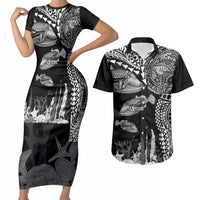 Hawaiian Reef Triggerfish Couples Matching Short Sleeve Bodycon Dress and Hawaiian Shirt Polynesian Art with Tribal Humuhumunukunukuapua'a LT03 Black - Polynesian Pride
