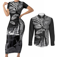 Hawaiian Reef Triggerfish Couples Matching Short Sleeve Bodycon Dress and Long Sleeve Button Shirt Polynesian Art with Tribal Humuhumunukunukuapua'a LT03 Black - Polynesian Pride