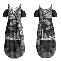 Hawaiian Reef Triggerfish Family Matching Summer Maxi Dress and Hawaiian Shirt Polynesian Art with Tribal Humuhumunukunukuapua'a LT03 Mom's Dress Black - Polynesian Pride