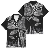 Hawaiian Reef Triggerfish Family Matching Summer Maxi Dress and Hawaiian Shirt Polynesian Art with Tribal Humuhumunukunukuapua'a LT03 Dad's Shirt - Short Sleeve Black - Polynesian Pride
