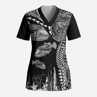 Hawaiian Reef Triggerfish Scrub Top Polynesian Art with Tribal Humuhumunukunukuapua'a LT03 Adult Black - Polynesian Pride