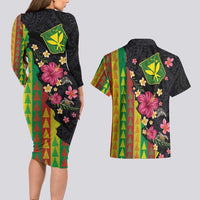 Hawaiian Independence Day Couples Matching Long Sleeve Bodycon Dress and Hawaiian Shirt Kanaka Maoli Symbols With Tapa Motifs and Tropical Plants - Polynesian Pride