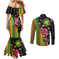 Hawaiian Independence Day Couples Matching Mermaid Dress and Long Sleeve Button Shirt Kanaka Maoli Symbols With Tapa Motifs and Tropical Plants - Polynesian Pride