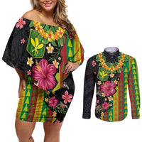 Hawaiian Independence Day Couples Matching Off Shoulder Short Dress and Long Sleeve Button Shirt Kanaka Maoli Symbols With Tapa Motifs and Tropical Plants - Polynesian Pride