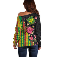 Hawaiian Independence Day Off Shoulder Sweater Kanaka Maoli Symbols With Tapa Motifs and Tropical Plants - Polynesian Pride