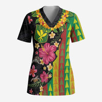 Hawaiian Independence Day Scrub Top Kanaka Maoli Symbols With Tapa Motifs and Tropical Plants - Polynesian Pride