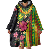 Hawaiian Independence Day Wearable Blanket Hoodie Kanaka Maoli Symbols With Tapa Motifs and Tropical Plants - Polynesian Pride